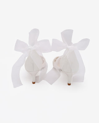 White Crochet Lace Pointy Toe Wedding Kitten Low Heel with Wrapped Sheer Ribbon Tie