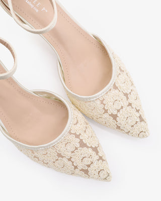 Ivory Crochet Lace Pointy Toe Wedding Kitten Low Heel