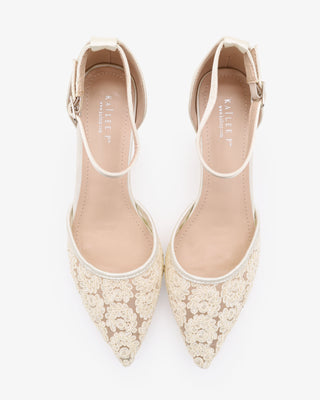 Ivory Crochet Lace Pointy Toe Wedding Kitten Low Heel