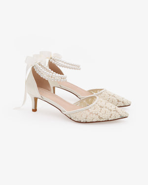 Crochet Lace Pointy Toe Wedding Kitten Low Heels with Double Pearls Strap
