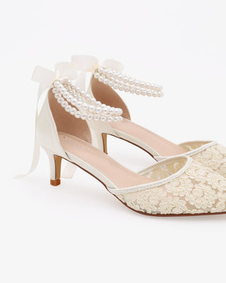 Crochet Lace Pointy Toe Wedding Kitten Low Heels with Double Pearls StrapWomen Shoes