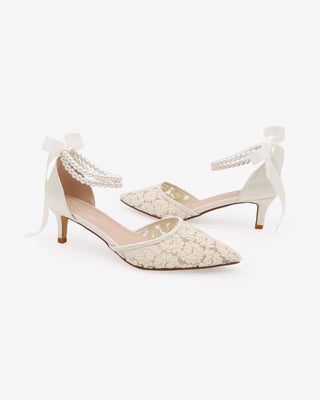 Crochet Lace Pointy Toe Wedding Kitten Low Heels with Double Pearls StrapWomen Shoes