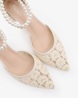 Crochet Lace Pointy Toe Wedding Kitten Low Heels with Double Pearls StrapWomen Shoes