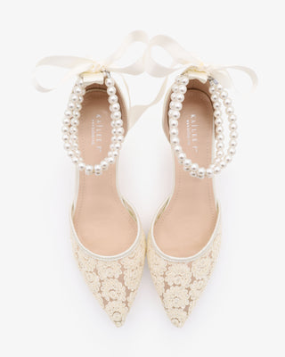 Crochet Lace Pointy Toe Wedding Kitten Low Heels with Double Pearls StrapWomen Shoes