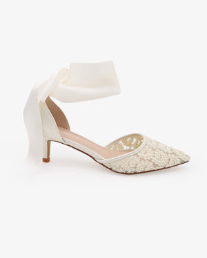 Crochet Lace Pointy Toe Wedding Kitten Low Heel with Wrapped Ankle Tie