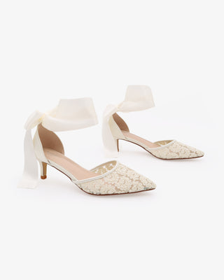 Ivory Crochet Lace Pointy Toe Wedding Kitten Low Heel with Wrapped Satin Ribbon Tie