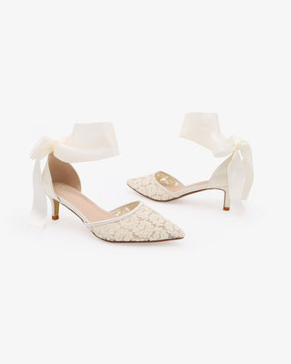 Ivory Crochet Lace Pointy Toe Wedding Kitten Low Heel with Wrapped Satin Ribbon Tie