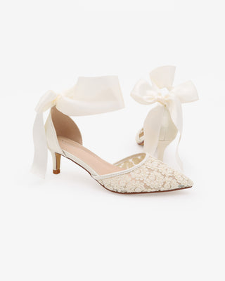 Ivory Crochet Lace Pointy Toe Wedding Kitten Low Heel with Wrapped Satin Ribbon Tie
