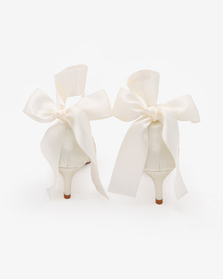 Ivory Crochet Lace Pointy Toe Wedding Kitten Low Heel with Wrapped Satin Ribbon Tie