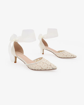 Ivory Crochet Lace Pointy Toe Wedding Kitten Low Heel with Wrapped Sheer Ribbon Tie