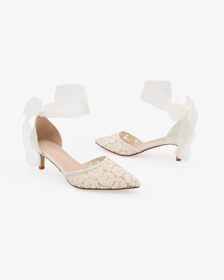 Ivory Crochet Lace Pointy Toe Wedding Kitten Low Heel with Wrapped Sheer Ribbon Tie