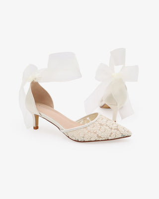 Ivory Crochet Lace Pointy Toe Wedding Kitten Low Heel with Wrapped Sheer Ribbon Tie