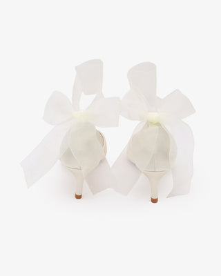 Ivory Crochet Lace Pointy Toe Wedding Kitten Low Heel with Wrapped Sheer Ribbon Tie