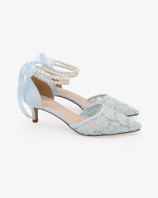 Light Blue Crochet Lace Pointy Toe Wedding Kitten Low Heel with Double Pearls Strap