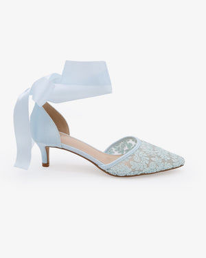 Crochet Lace Pointy Toe Wedding Kitten Low Heel with Wrapped Ankle Tie