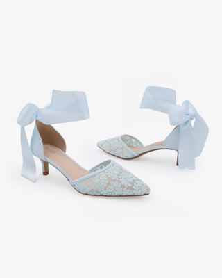 Light Blue Crochet Lace Pointy Toe Wedding Kitten Low Heel with Wrapped Satin Ribbon Tie