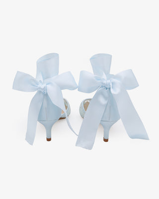 Light Blue Crochet Lace Pointy Toe Wedding Kitten Low Heel with Wrapped Satin Ribbon Tie