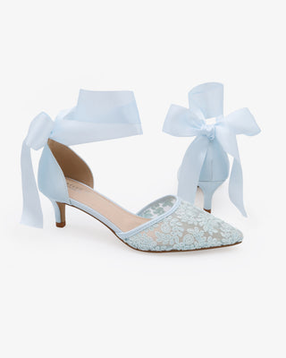 Light Blue Crochet Lace Pointy Toe Wedding Kitten Low Heel with Wrapped Satin Ribbon Tie