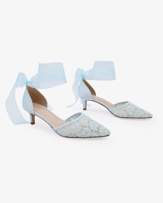 Light Blue Crochet Lace Pointy Toe Wedding Kitten Low Heel with Wrapped Sheer Ribbon Tie