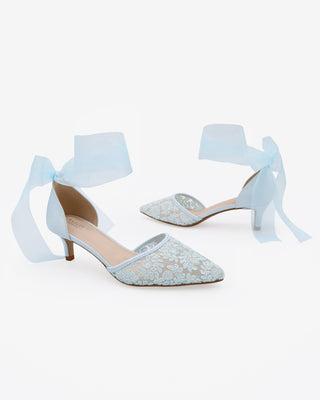 Light Blue Crochet Lace Pointy Toe Wedding Kitten Low Heel with Wrapped Sheer Ribbon Tie