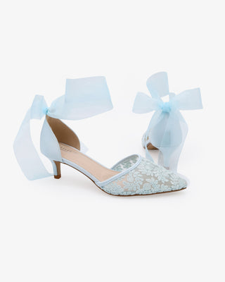 Light Blue Crochet Lace Pointy Toe Wedding Kitten Low Heel with Wrapped Sheer Ribbon Tie