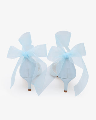 Light Blue Crochet Lace Pointy Toe Wedding Kitten Low Heel with Wrapped Sheer Ribbon Tie