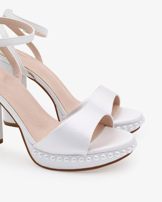 Satin Platform Block Heel Wedding Sandals with PearlsWomen Shoes