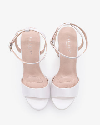 White Satin Platform Block Heel Wedding Sandals with Ankle Strap