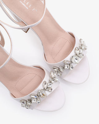 White Satin Platform Block Heel Wedding Sandals with Navette Rhinestones