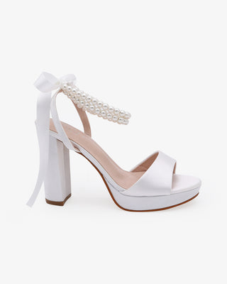 White Satin Platform Block Heel Wedding Sandals with Double Pearls Ankle Strap
