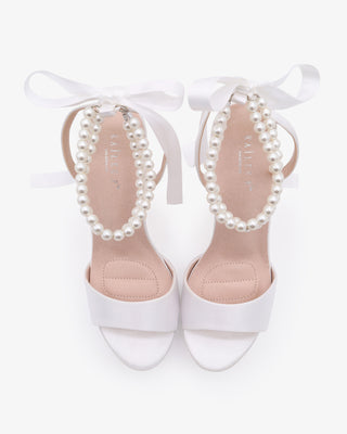 White Satin Platform Block Heel Wedding Sandals with Double Pearls Ankle Strap