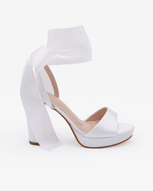 Satin Platform Block Heel Wedding Sandals with Wrapped Ribbon Tie