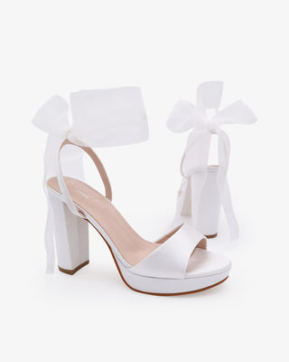 Satin Platform Block Heel Wedding Sandals with Wrapped Ribbon TieWomen Shoes