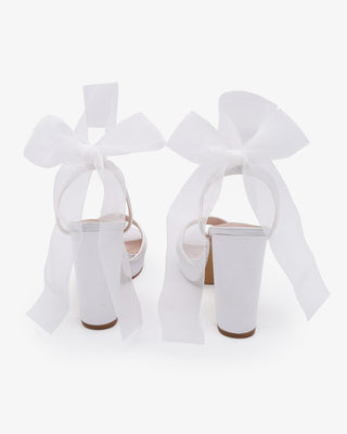 Satin Platform Block Heel Wedding Sandals with Wrapped Ribbon TieWomen Shoes
