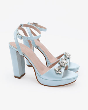 Satin Platform Block Heel Wedding Sandals with Navette Rhinestones