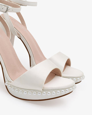 Satin Platform Block Heel Wedding Sandals with Pearls