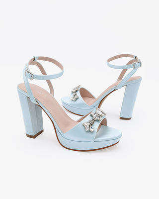 Light Blue Satin Platform Block Heel Wedding Sandals with Navette Rhinestones
