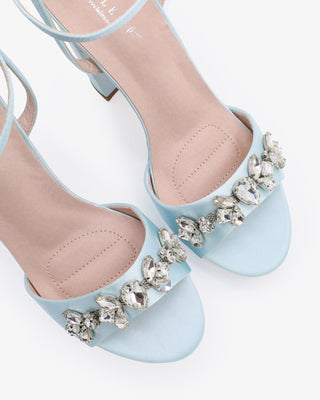 Light Blue Satin Platform Block Heel Wedding Sandals with Navette Rhinestones