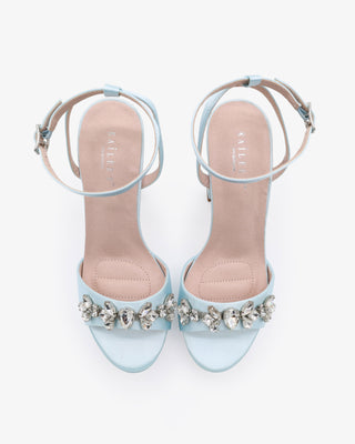 Light Blue Satin Platform Block Heel Wedding Sandals with Navette Rhinestones
