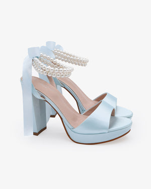 Satin Platform Block Heel Wedding Sandals with Double Pearls Ankle Strap