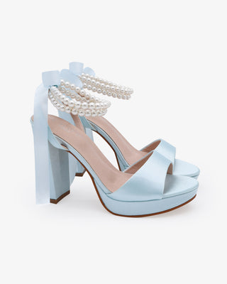 Light Blue Satin Platform Block Heel Wedding Sandals with Double Pearls Ankle Strap