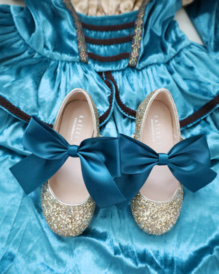 Gold Rock Glitter Mary Jane with Dark Teal Satin Bow