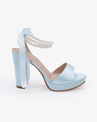 Light Blue Satin Platform Block Heel Wedding Sandals with Double Pearls Ankle Strap