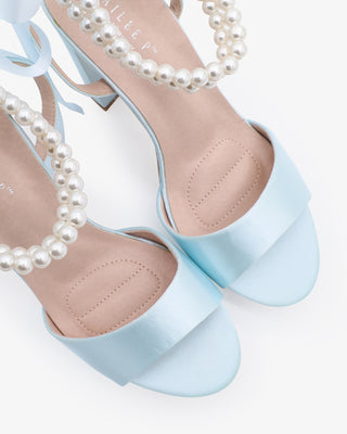 Light Blue Satin Platform Block Heel Wedding Sandals with Double Pearls Ankle Strap