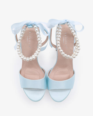 Light Blue Satin Platform Block Heel Wedding Sandals with Double Pearls Ankle Strap