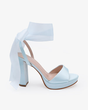 Satin Platform Block Heel Wedding Sandals with Wrapped Ribbon Tie