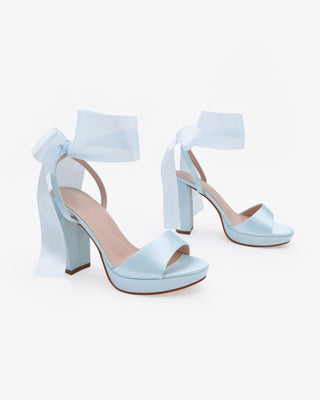 Light Blue Satin Platform Block Heel Wedding Sandals with Wrapped Satin Ribbon Tie