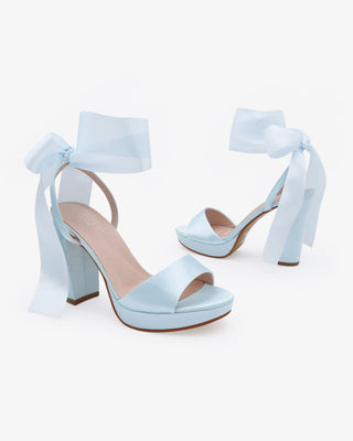 Light Blue Satin Platform Block Heel Wedding Sandals with Wrapped Satin Ribbon Tie