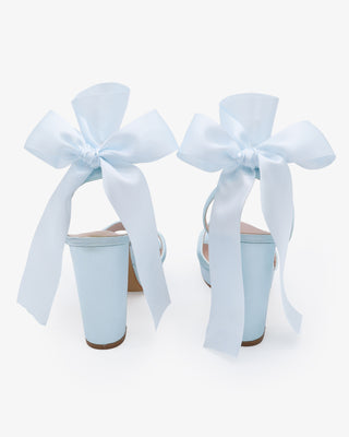 Light Blue Satin Platform Block Heel Wedding Sandals with Wrapped Satin Ribbon Tie