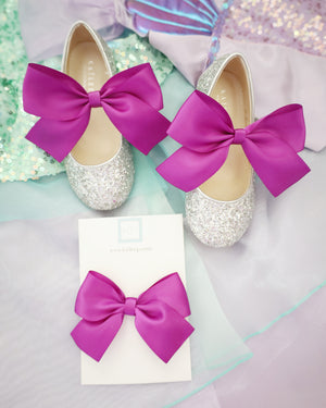 Silver Rock Glitter Mary Jane with Violet Satin Bow